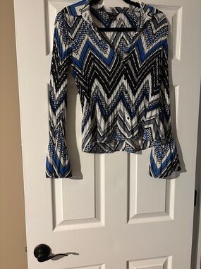 Sunny Taylor Chevron V-Neck Peplum Blouse - Blue, Black, White